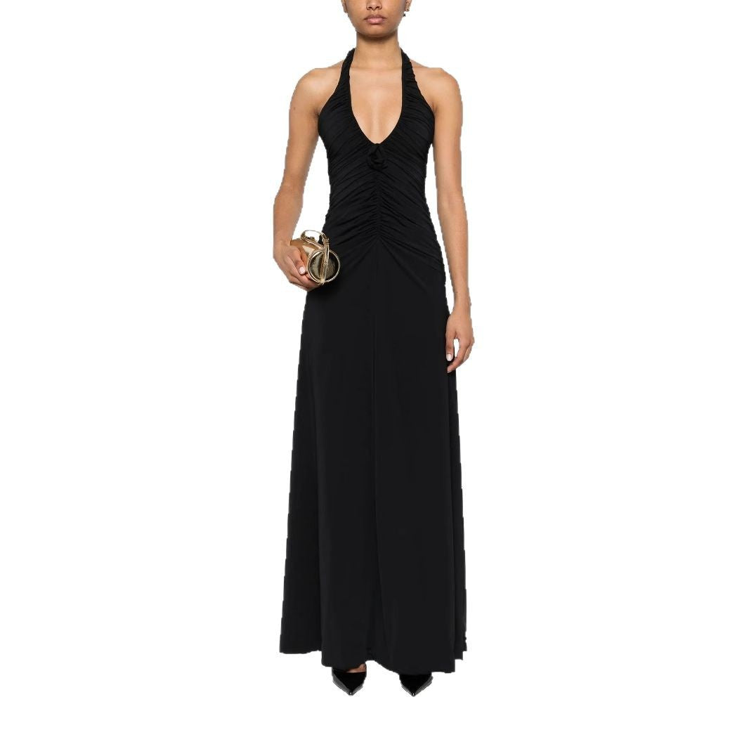 Stylish sexy pleated V-neck babes slim-fit lace-up dress