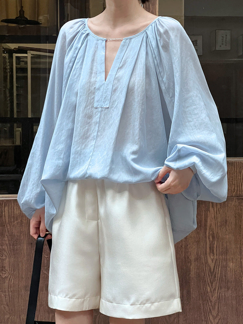 French double V-neck chain design lantern sleeve