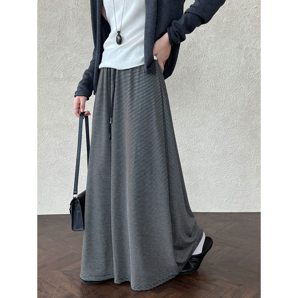Korean lazy wind drawstring pinstriped skirt autumn new drape high waist thin dress