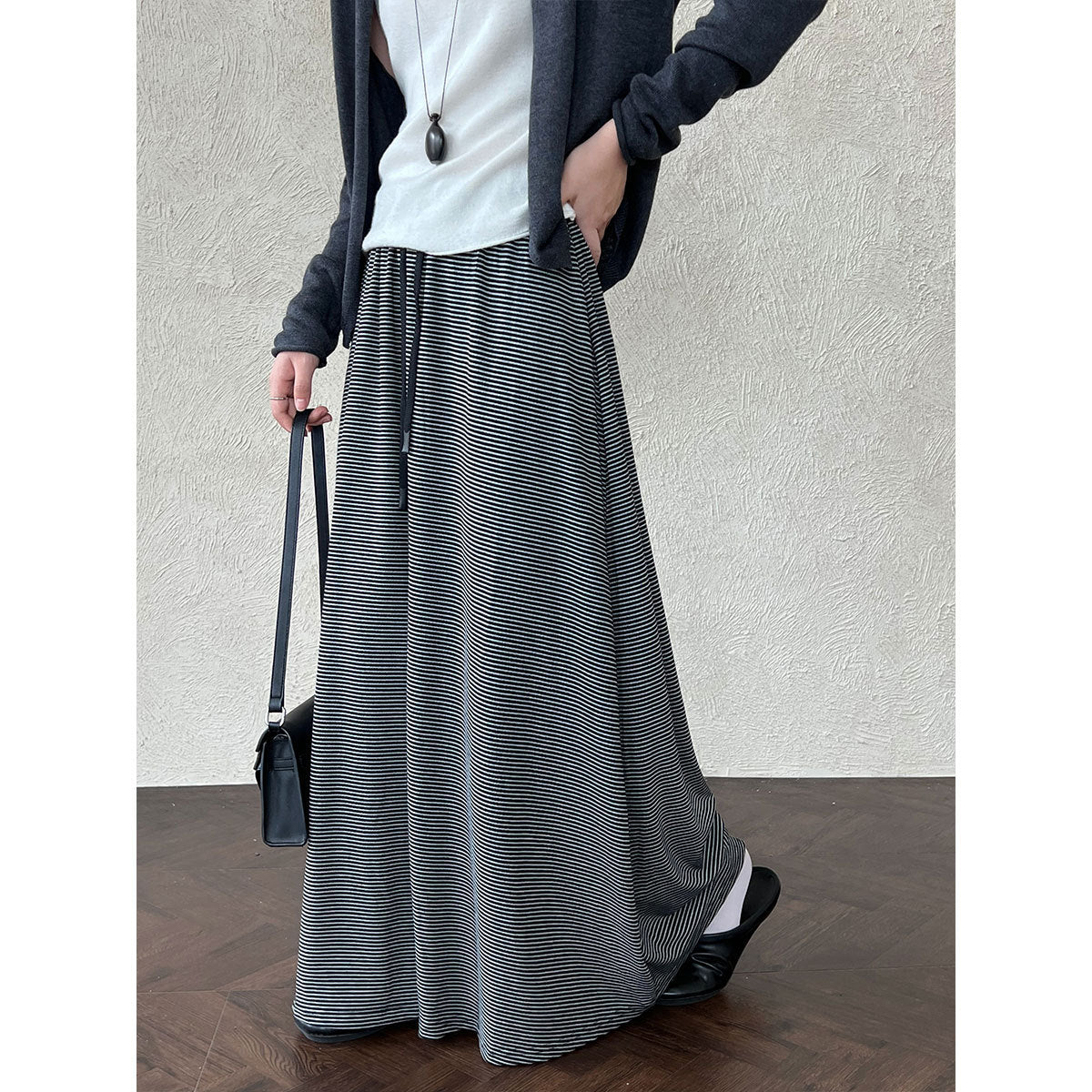 Korean lazy wind drawstring pinstriped skirt autumn new drape high waist thin dress