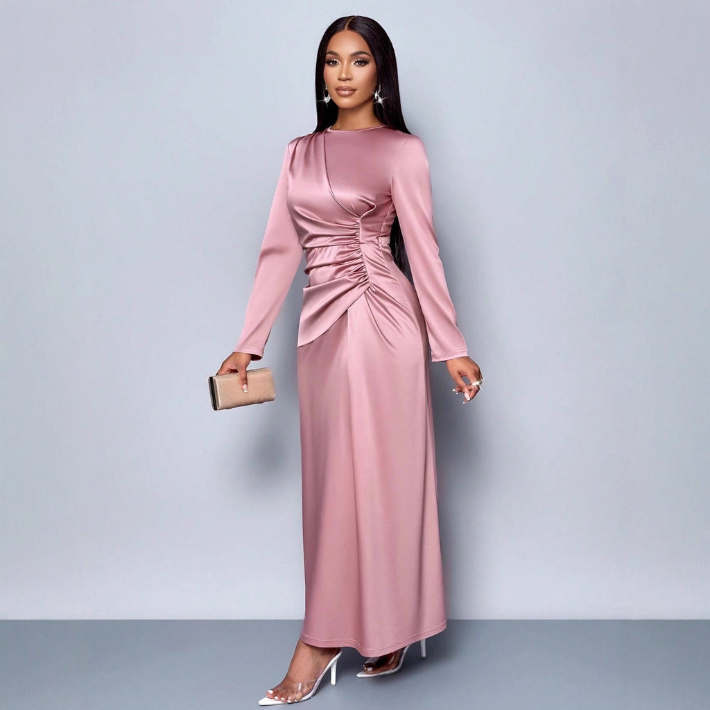 New solid color high-end satin dress fashionable and elegant temperament light evening dress