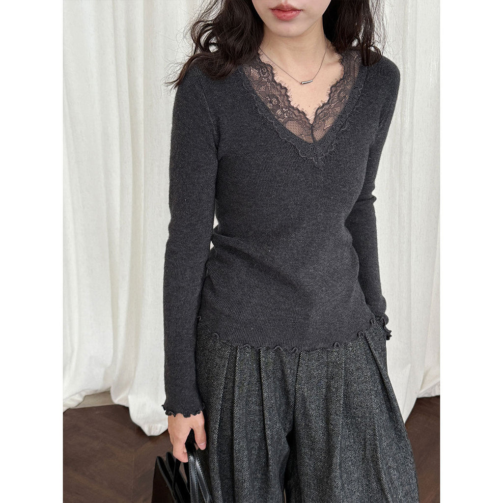 French slim temperament lace v-neck thin inner women's winter new inner versatile knitting