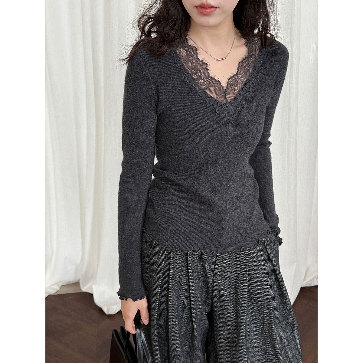 French slim temperament lace v-neck thin inner women's winter new inner versatile knitting