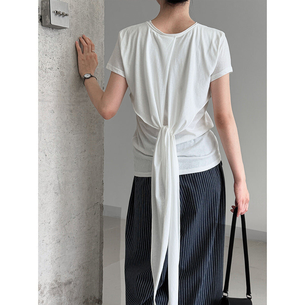 Korean version strap waist T-shirt women's summer new casual round neck versatile short-sleeved front shoulder top