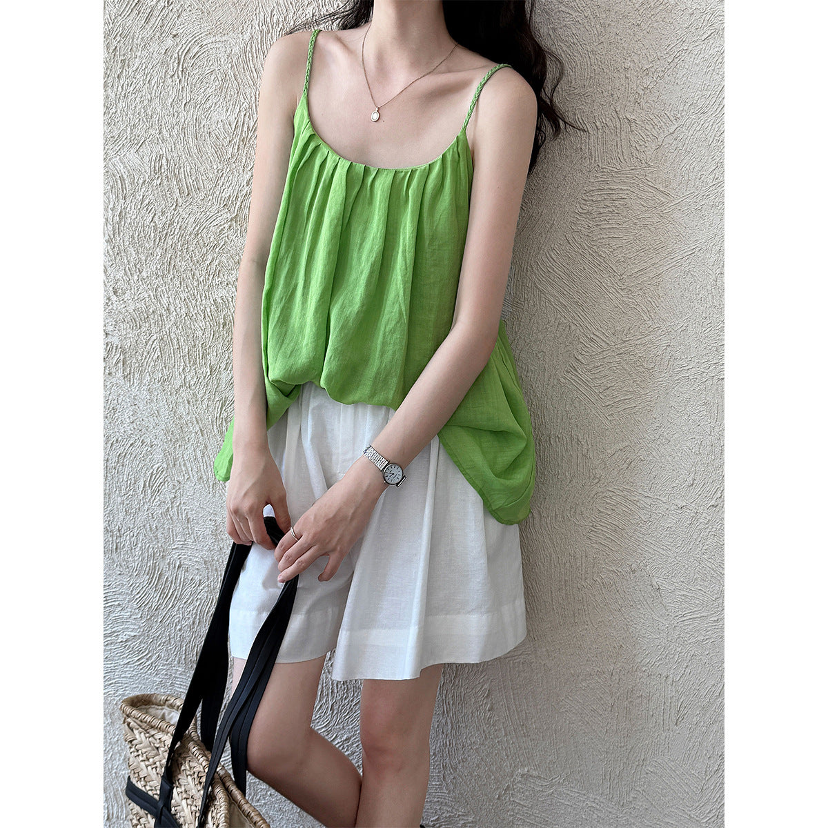 Pleated round neck woven shoulder strap vest women's summernew arrivalkorean style sleeveless loose suspender tops