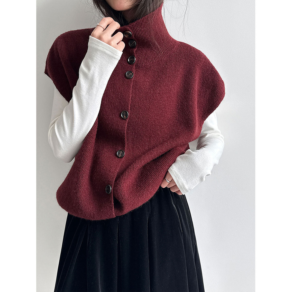 Korean stacked turtleneck knitted vest women's spring drawstring waist versatile sweater vest