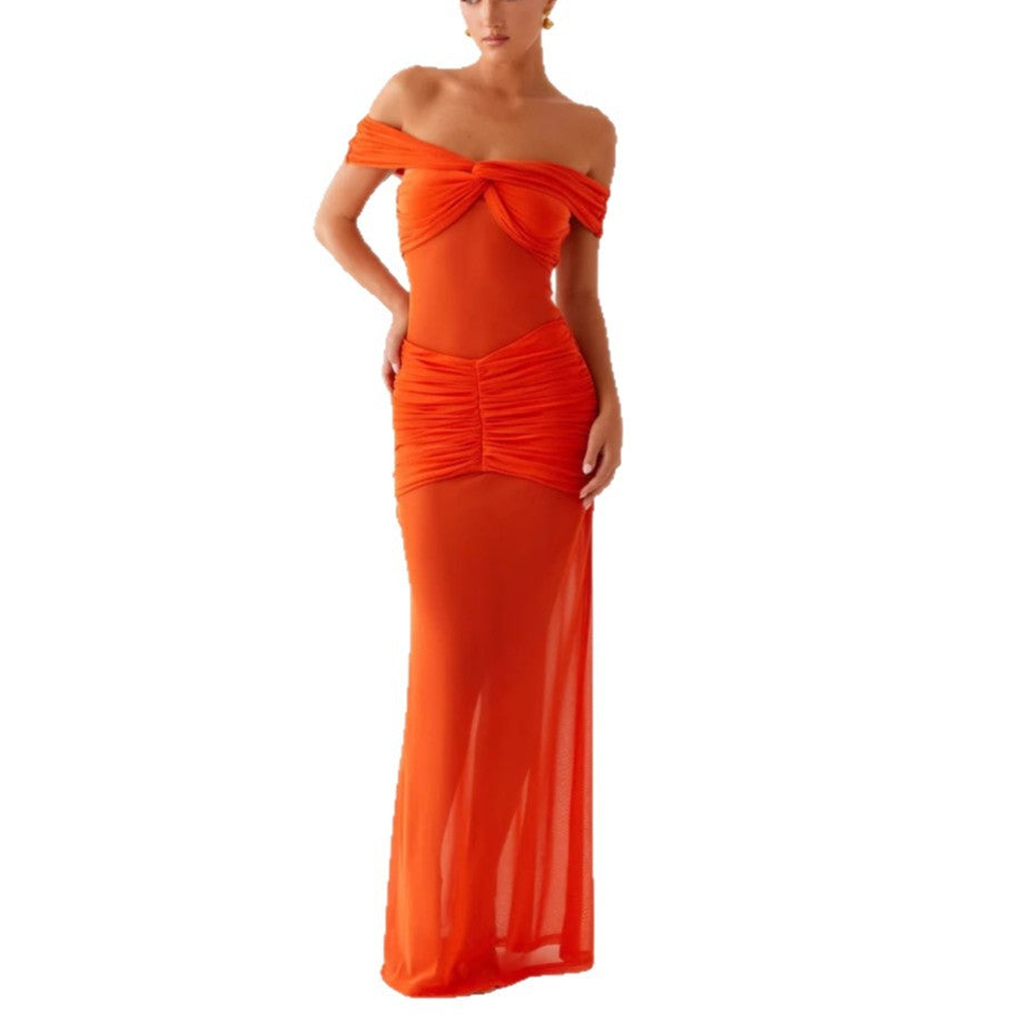 Women's new fashionable and sexy mesh tube top skirt slim-fitting one-word shoulder dress women