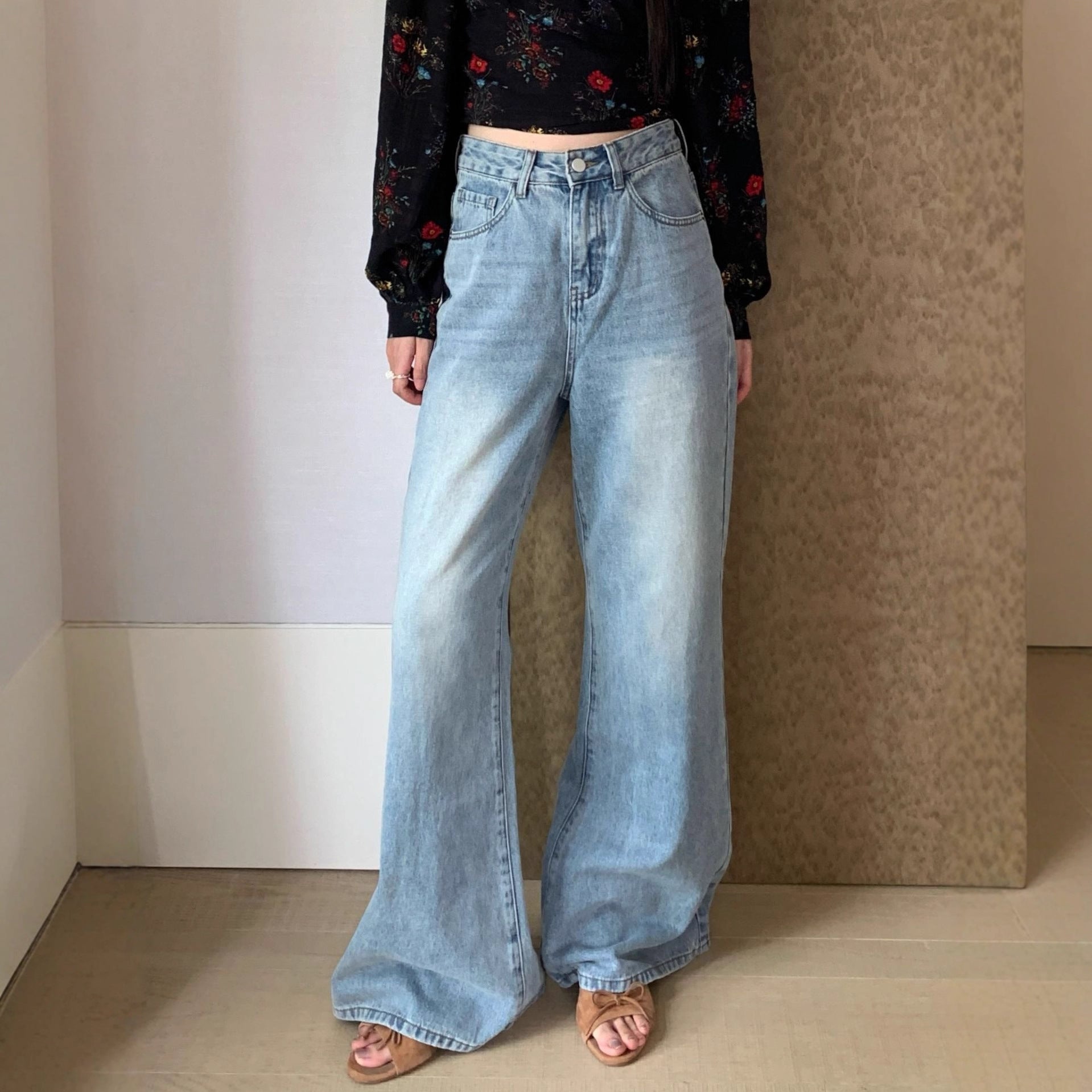 Gradual change washed blue cotton high waist micro pull jeans