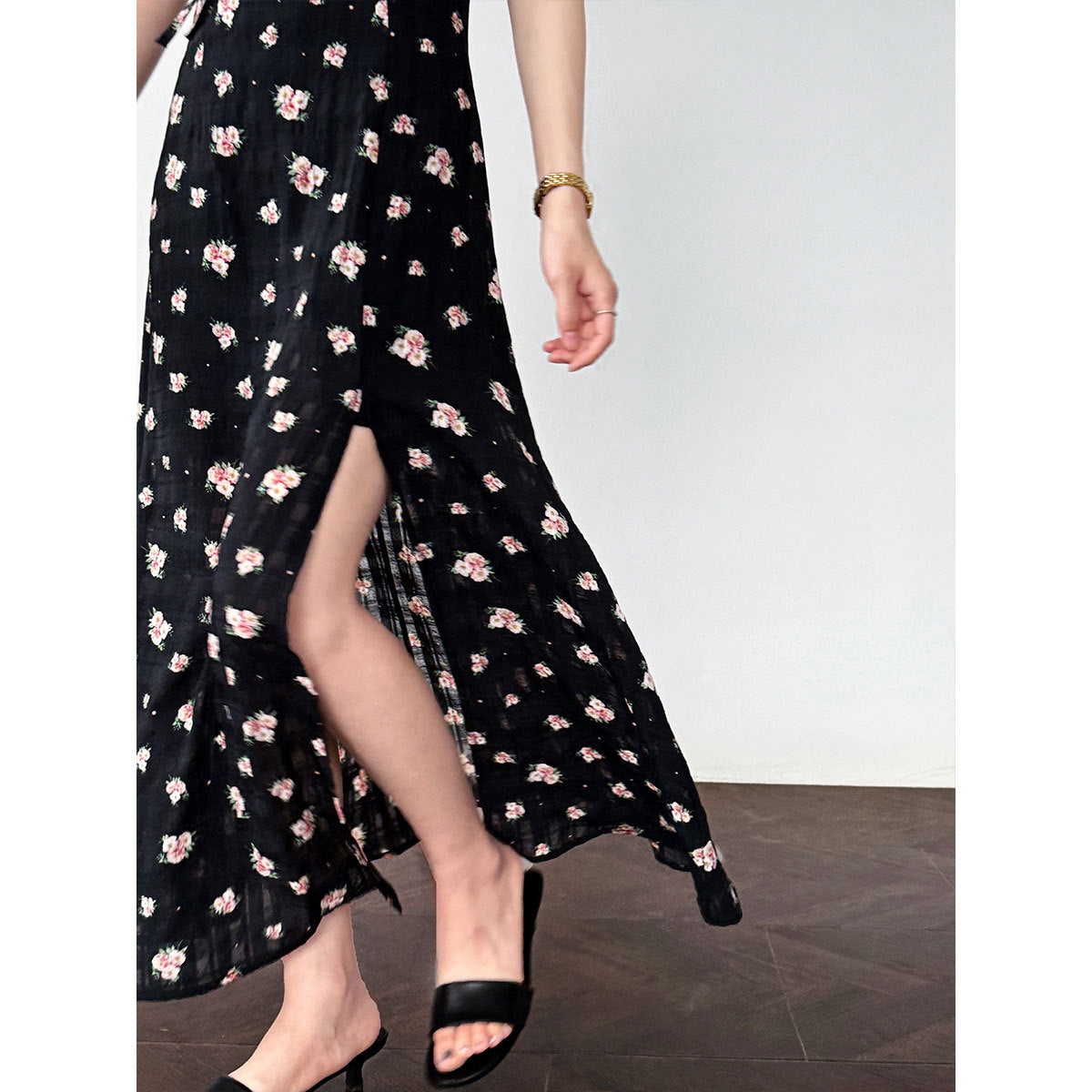 French coffee break bubble sleeve floral dress summer waist thin neckline drawstring long dress