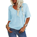 V-Neck Short Sleeve T-Shirt Women Loose Fit Casual Cotton Top
