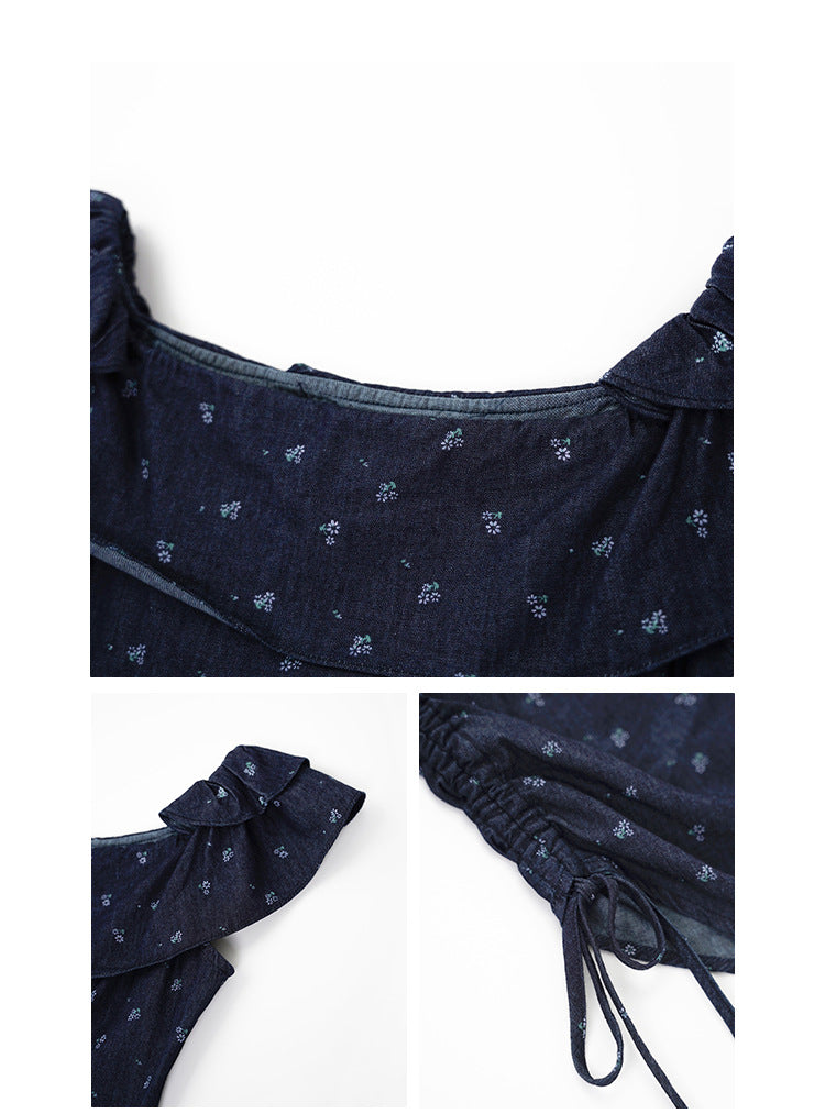 Spice girl shoulder sexy waist thin denim shirt
