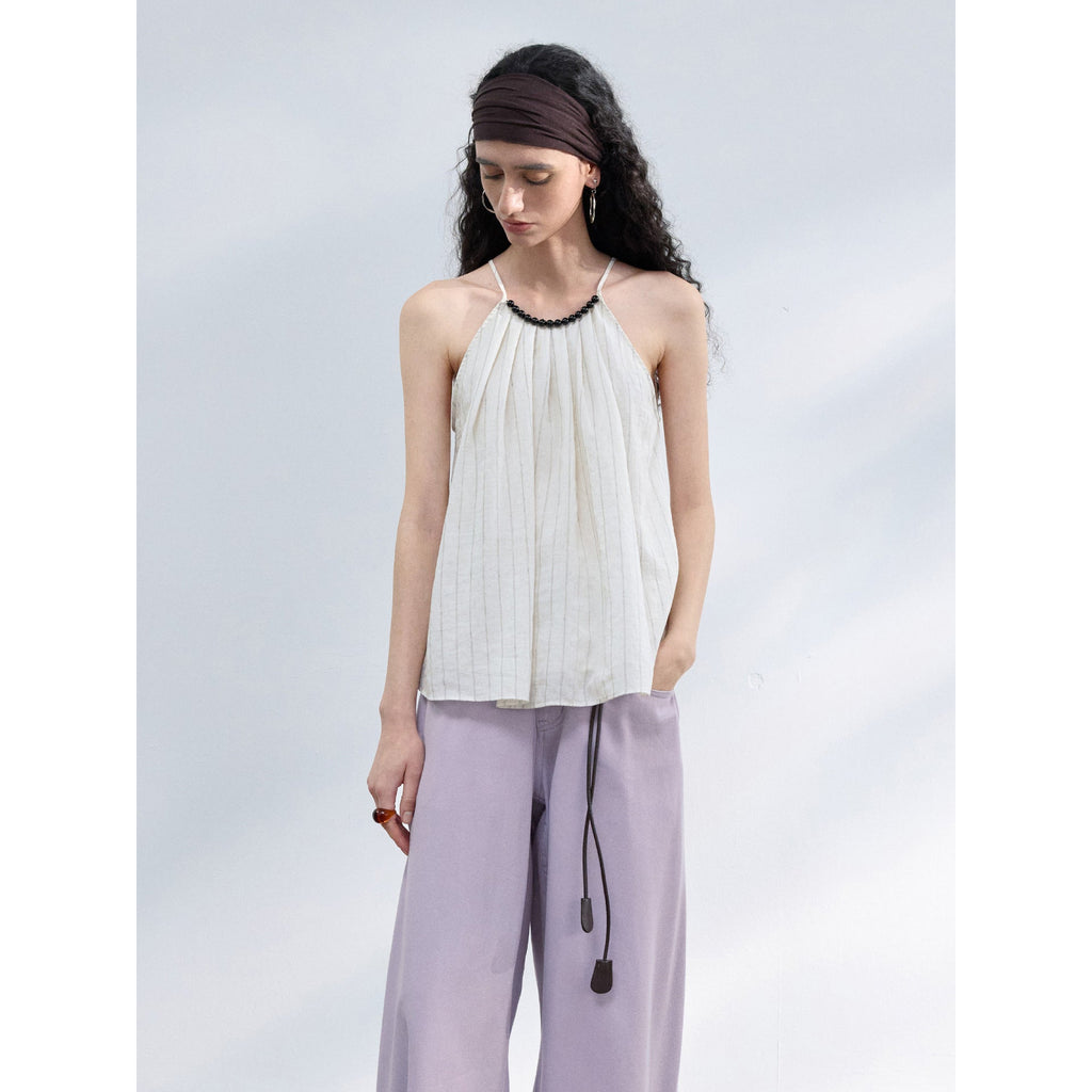 Summer new design agate bead hemp vertical strip linen sling vest