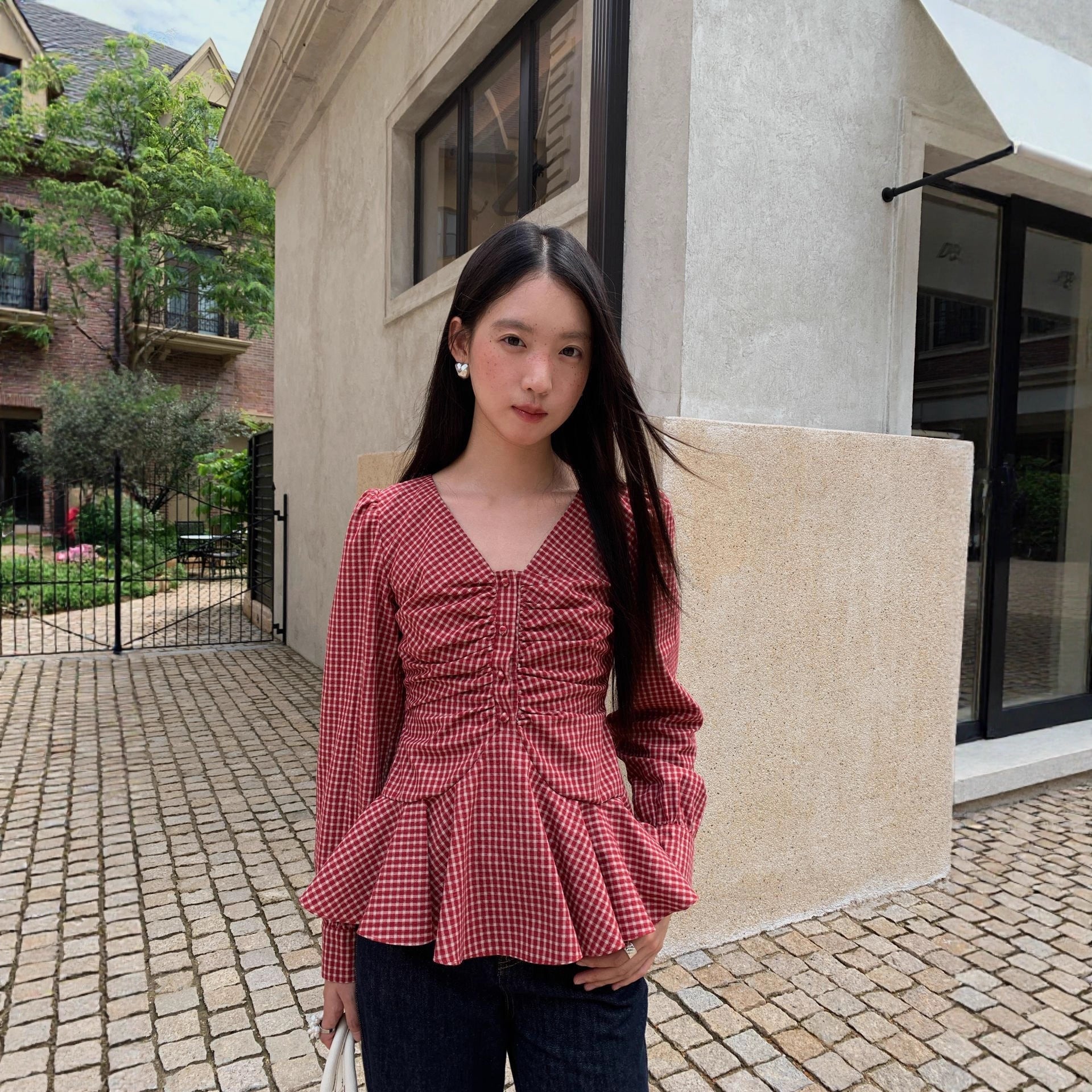 Women's V-Neck Plaid Ruffle Pleated-Waist Slim-Fit Long Sleeve Cotton Shirt