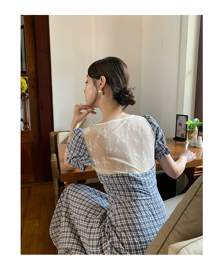 Gentle plaid v-neck high-waisted slim dress