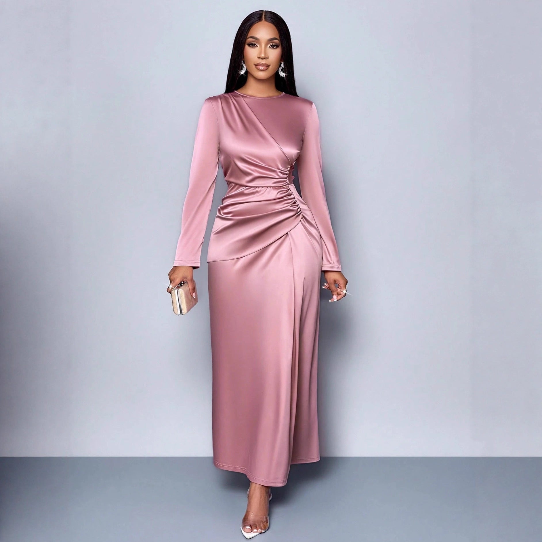 New solid color high-end satin dress fashionable and elegant temperament light evening dress