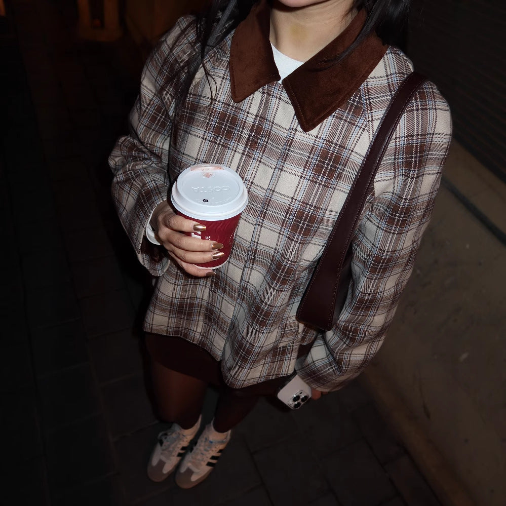 Women's autumn and winter fashion casual plaid top splicing contrasting color retro jacket jacket women