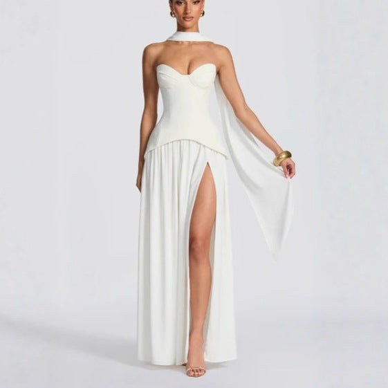 New gauze fishbone tube top dress waist backless streamer sexy European and American split skirt