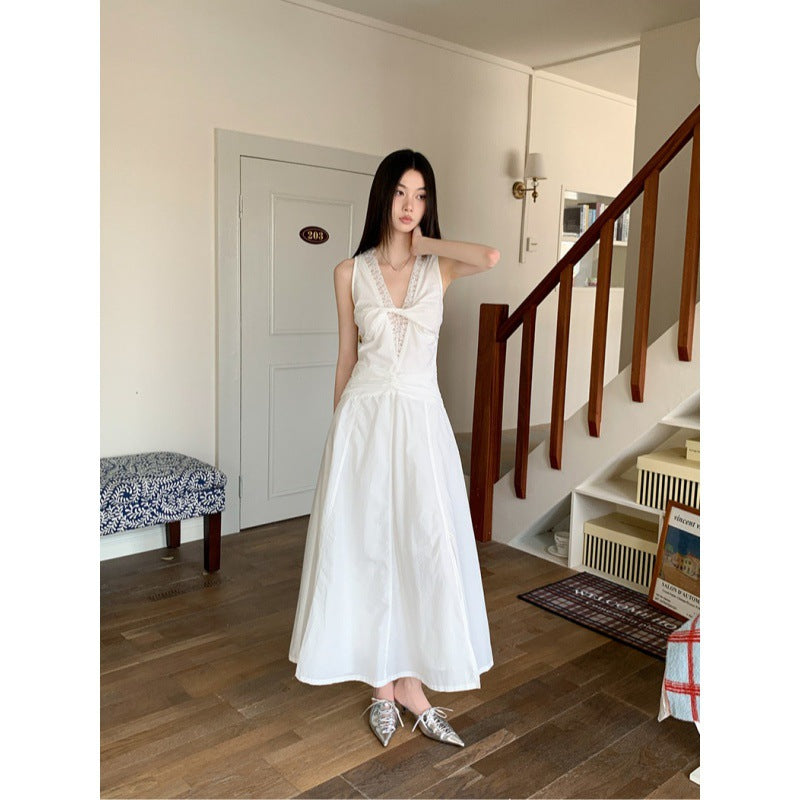 V-Neck Sleeveless Dress Women High Neck Lace A-Line Midi
