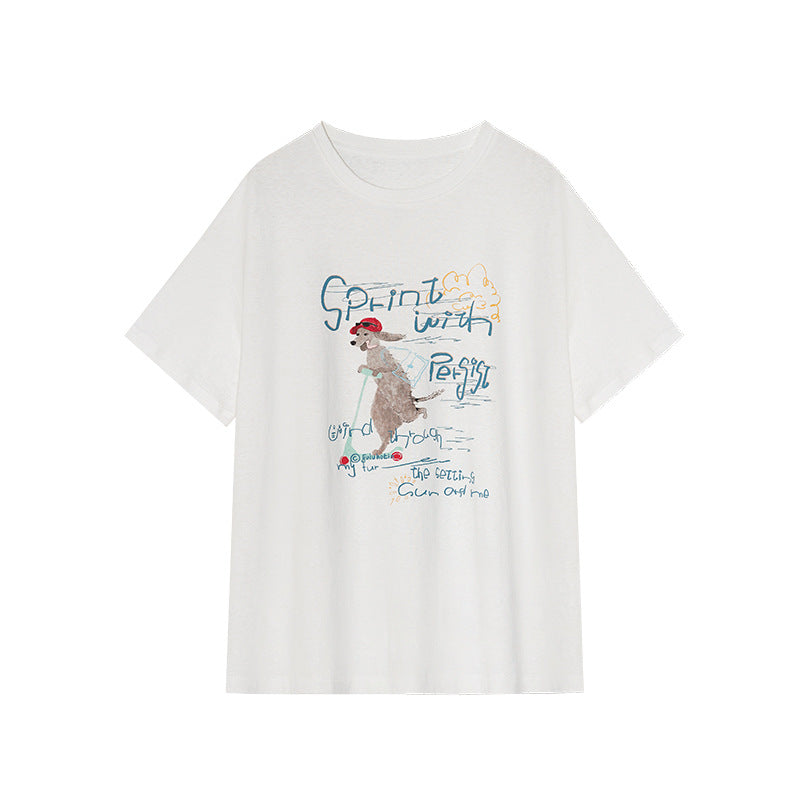 Summer Commuter Casual Cotton and Linen Loose Crew Neck Printed Short Sleeve T-Shirt