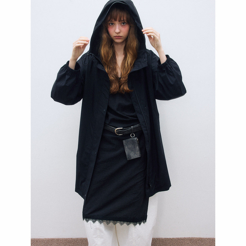 Autumn new casual three-proof hooded loose drawstring long charge jacket