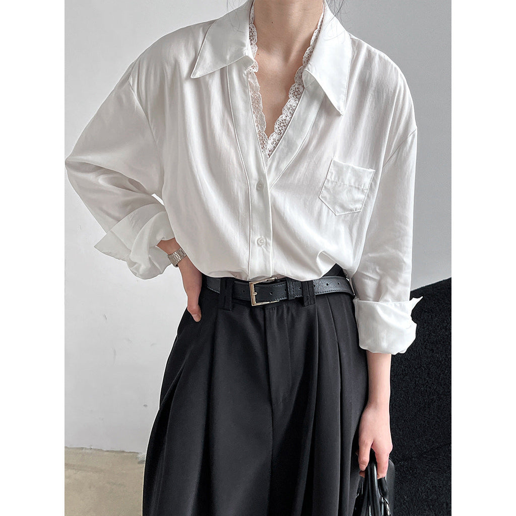 French polo collar lace splicing shirt women's spring new niche high-end temperament top