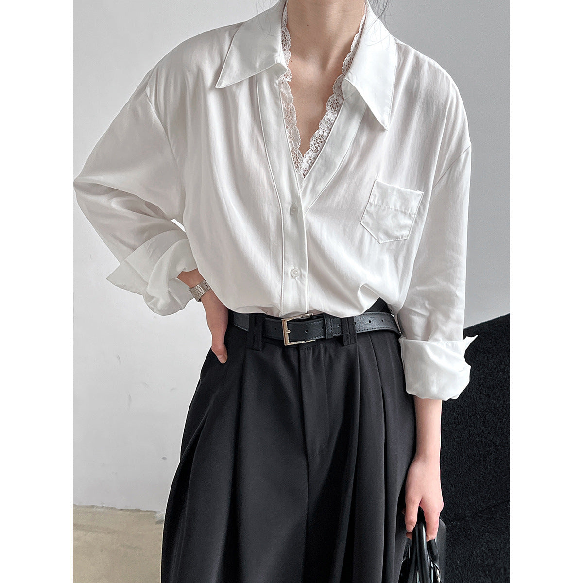 French polo collar lace splicing shirt women's spring new niche high-end temperament top