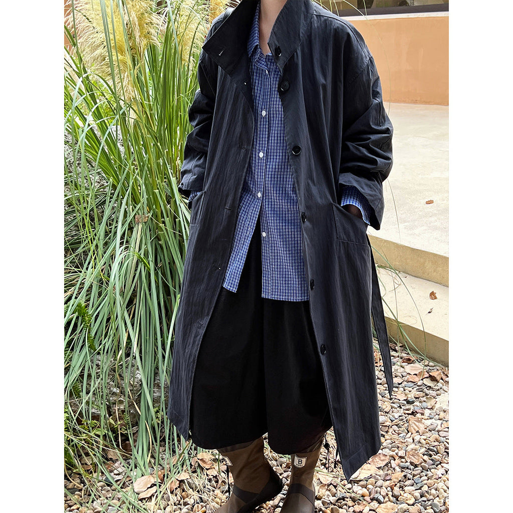 Autumn minimalist silhouette stand-up collar trench coat women's mid-length lace-up lazy style jacket top