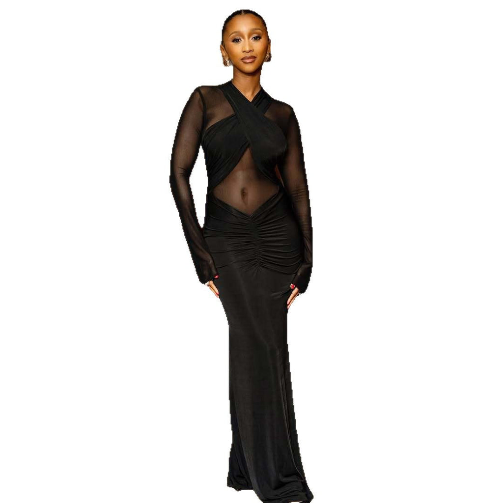 Perspective sexy solid color spice girl long dress slim fold European and American dress women
