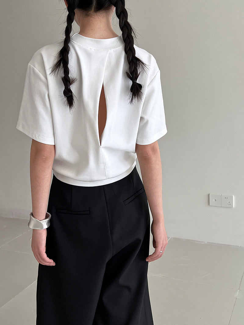 French loose hollow backless short-sleeved women's summer new waist and thin high-end T-shirt top