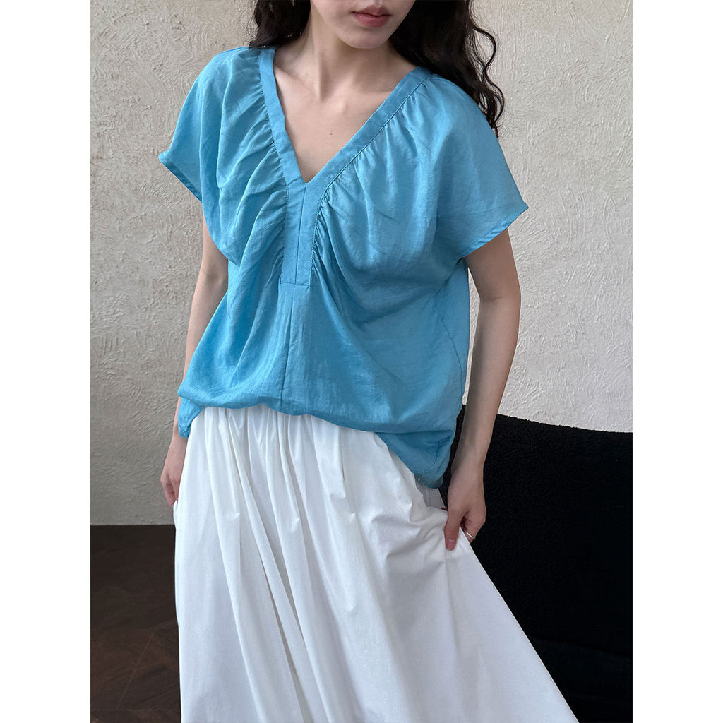 Linen korean style flutter sleeve v-neck blouse - new summer collection, unique design shirt