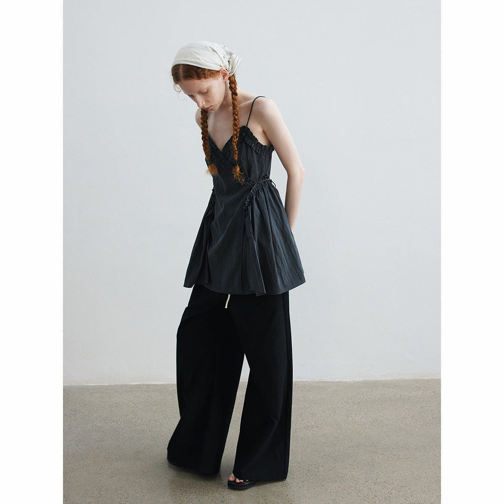 Summer casual solid color fungus edge double root medium and long wrap suspender skirt