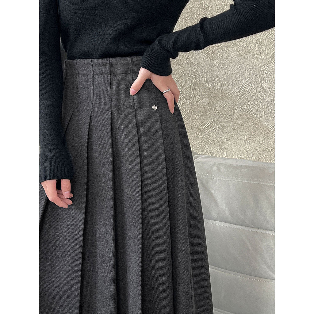 Korean high-waisted woolen pleated skirt women's autumn and winter new semi-elastic versatile casual skirt