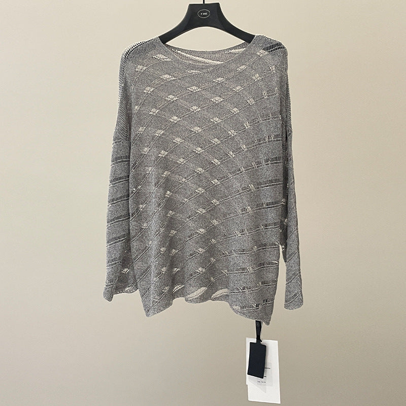 Cold hollow loose knitted sweater spring Korean lazy style long-sleeved sunscreen blouse