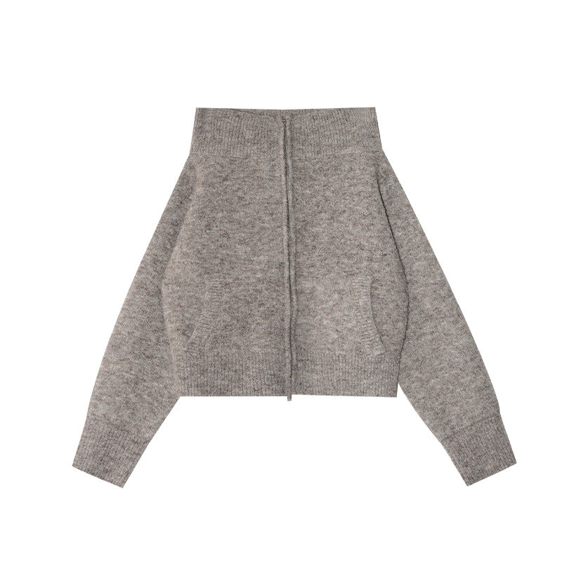 Zipper knitted cardigan one-word shoulder sweater