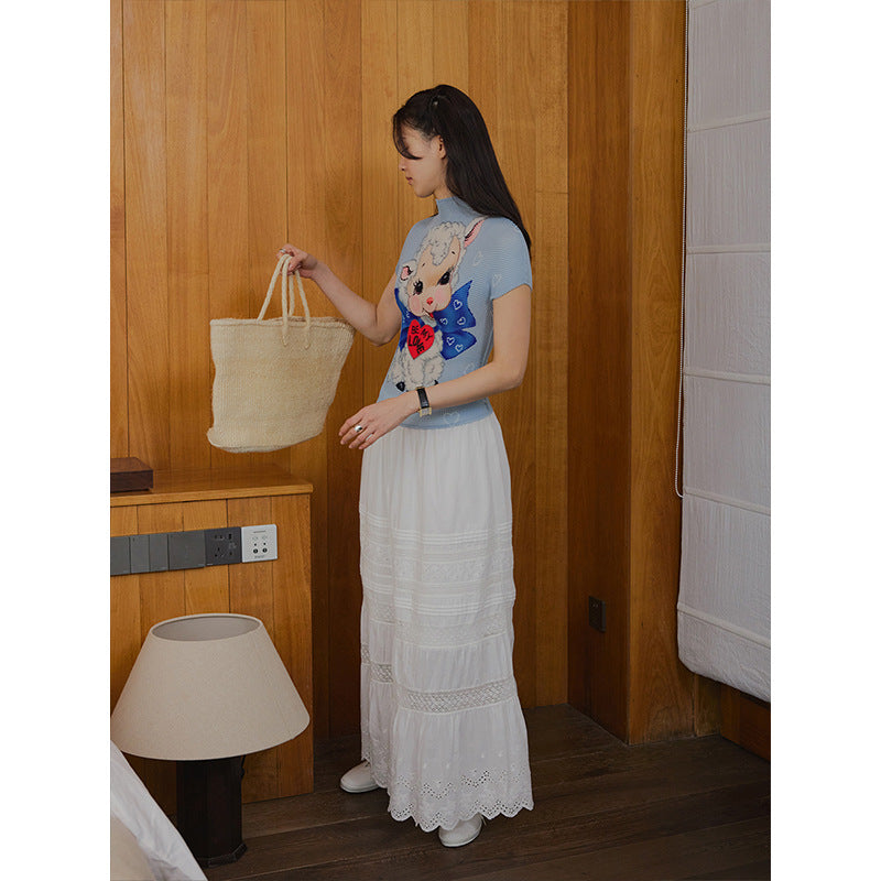 High Elasticity Fun Printing Flesh Cover Skinny Shoulder Short Sleeves