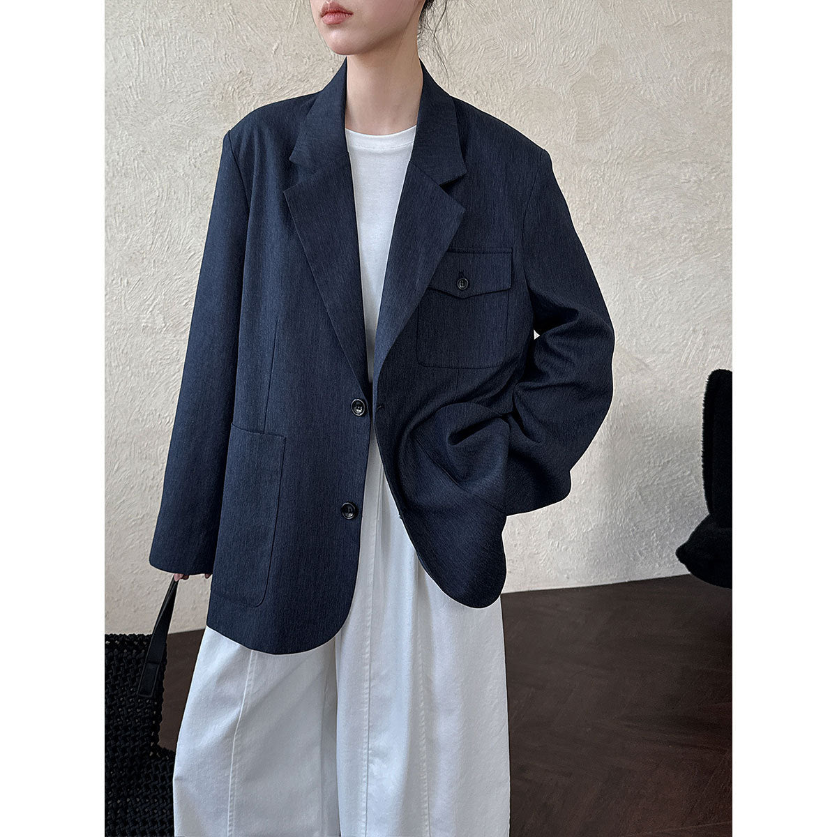 French niche flip-neck pocket suit women's autumn new silhouette casual jacket