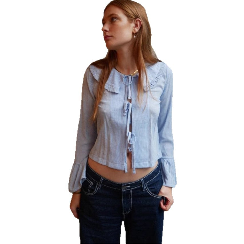 Women's Fashion Sexy Short Slim Shirt Lace-Up Striped Shirt Top Jacket Women