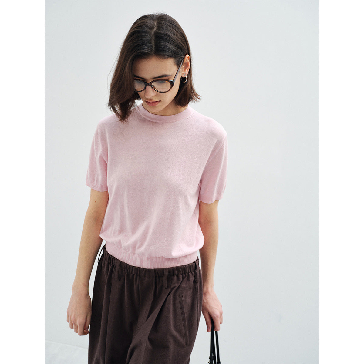 Spring light and soft acetate wool crew neck waist texture knitted sweater
