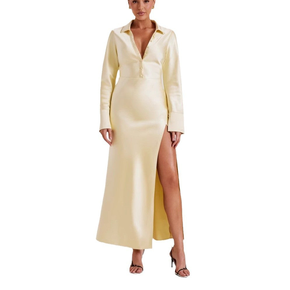 New Fashion Sexy Satin Dress Temperament Shirt Dress Spice Girl Split Dress Women
