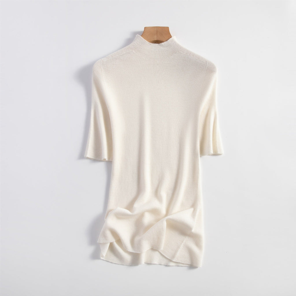 Semi-Turtleneck Wool Sweater Women Slim Fit Three-Quarter Sleeve Knit Top