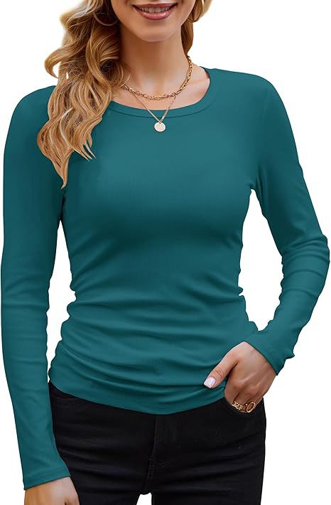 Ribbed Cotton Long Sleeve T-Shirt Women Solid Color Round Neck Slim Fit