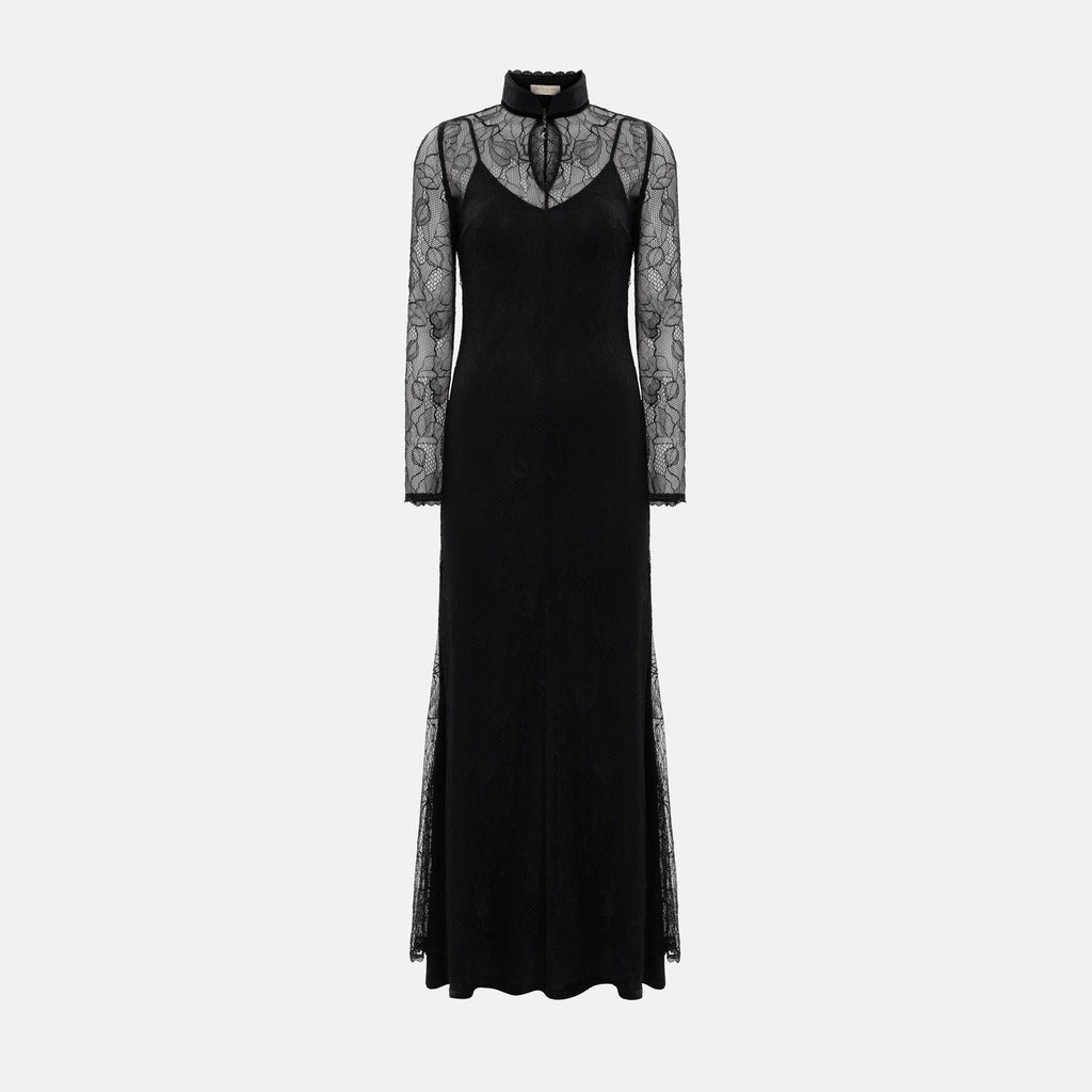 Stylish and sexy lace stitching autumn and winter long dress slim-fitting hollow dress