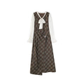 Temperament plaid leather buckle strap fake two-piece dress