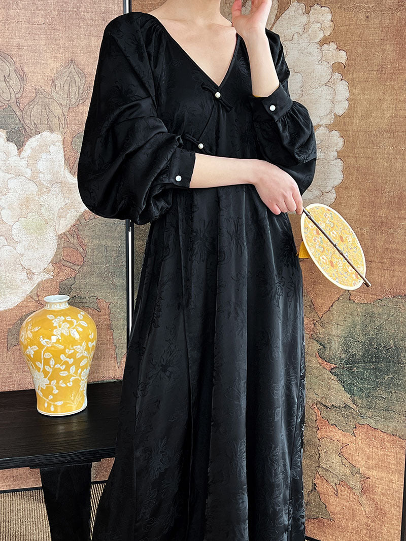 Button national style new Chinese dress medium and long knee lazy improved cheongsam jacquard skirt