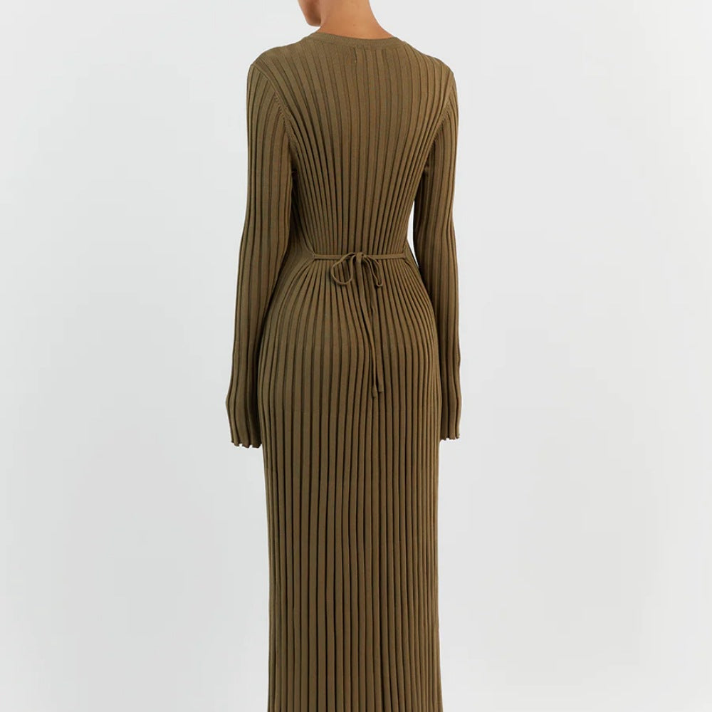Knitted Long Dress Women Round Neck Bell Sleeve Lace-Up Casual