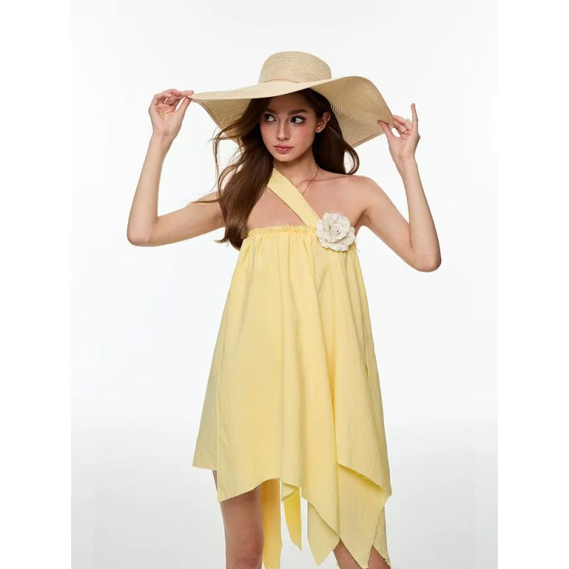 Yellow Flower Dress Spice Girl Multi-Wear Suspender Skirt French Vacation Dress