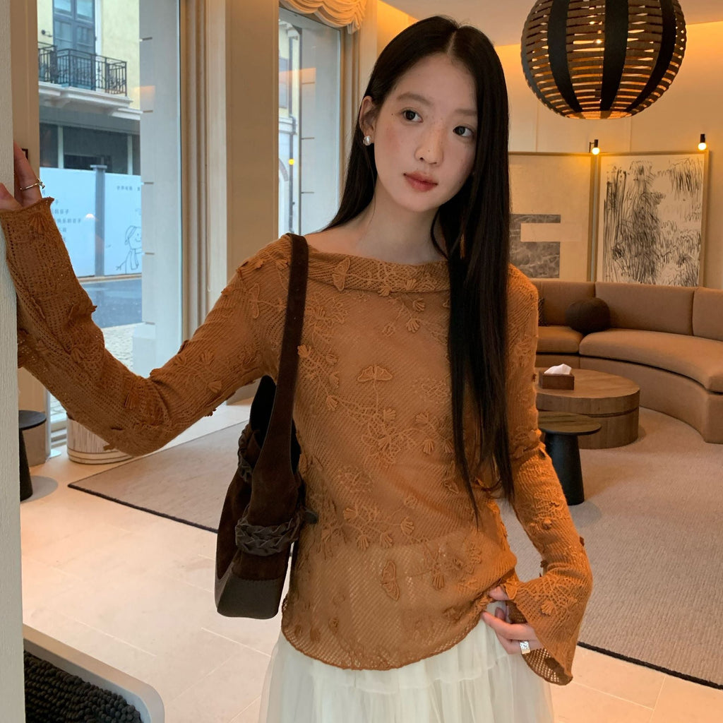 Hollow heavy industry jacquard swing neck long-sleeved bottoming shirt top