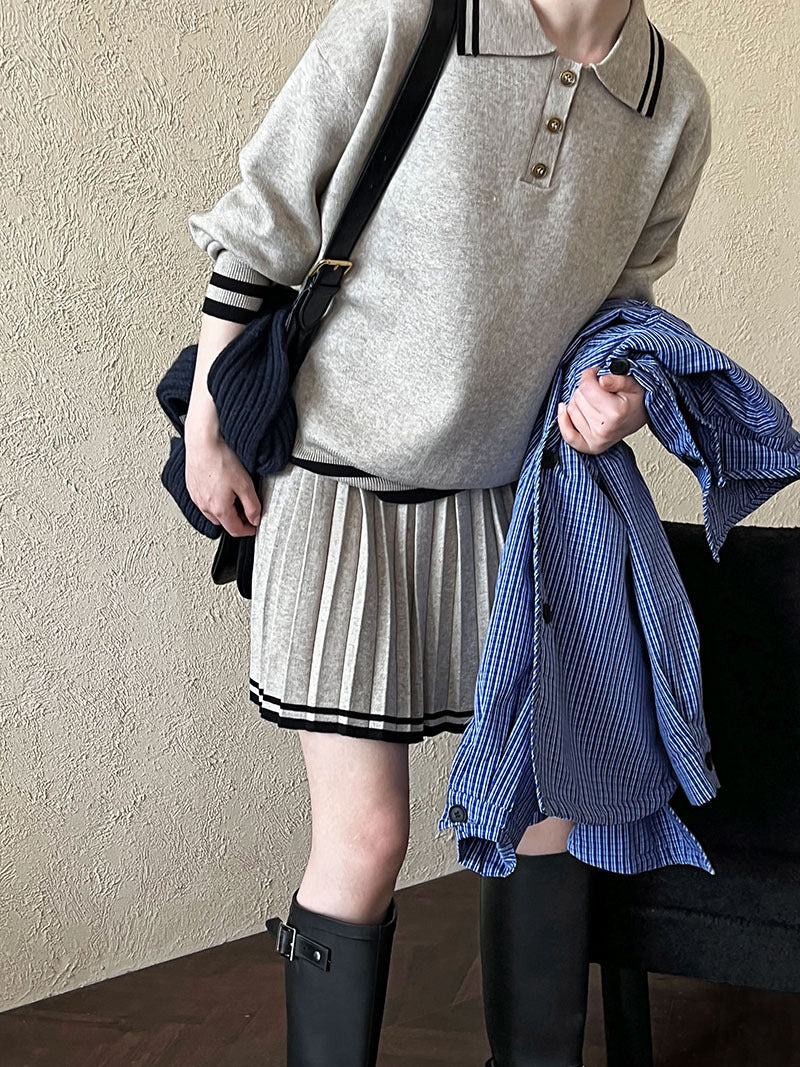 Academy style polo neck sweater + high waist pleated skirt set