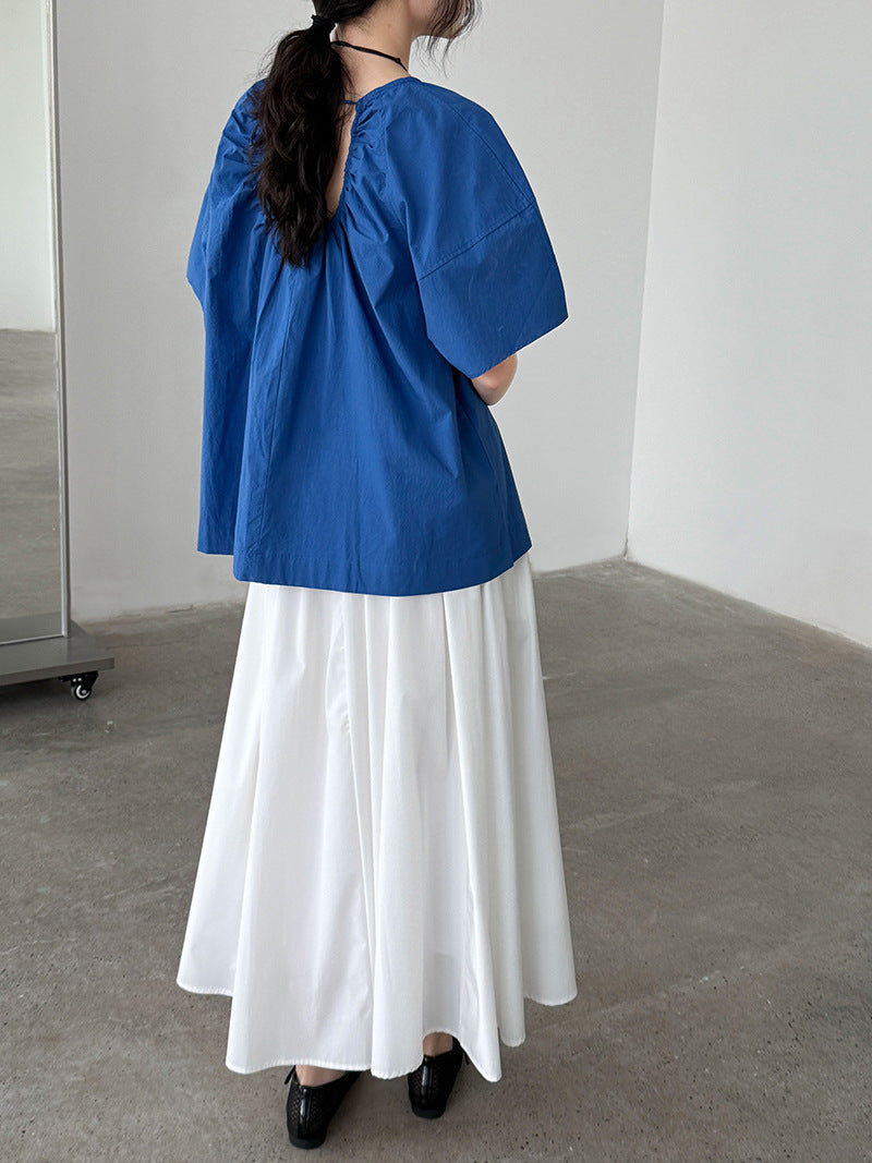 Korean back strap backless age-reducing shirt summer new pleated round neck short-sleeved shirt top