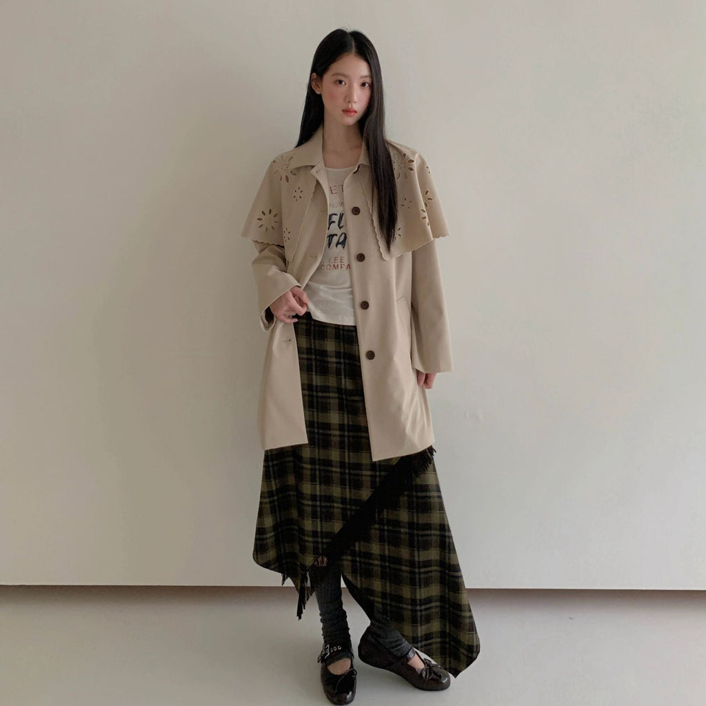 Hollow shawl lapel medium and long trench coat